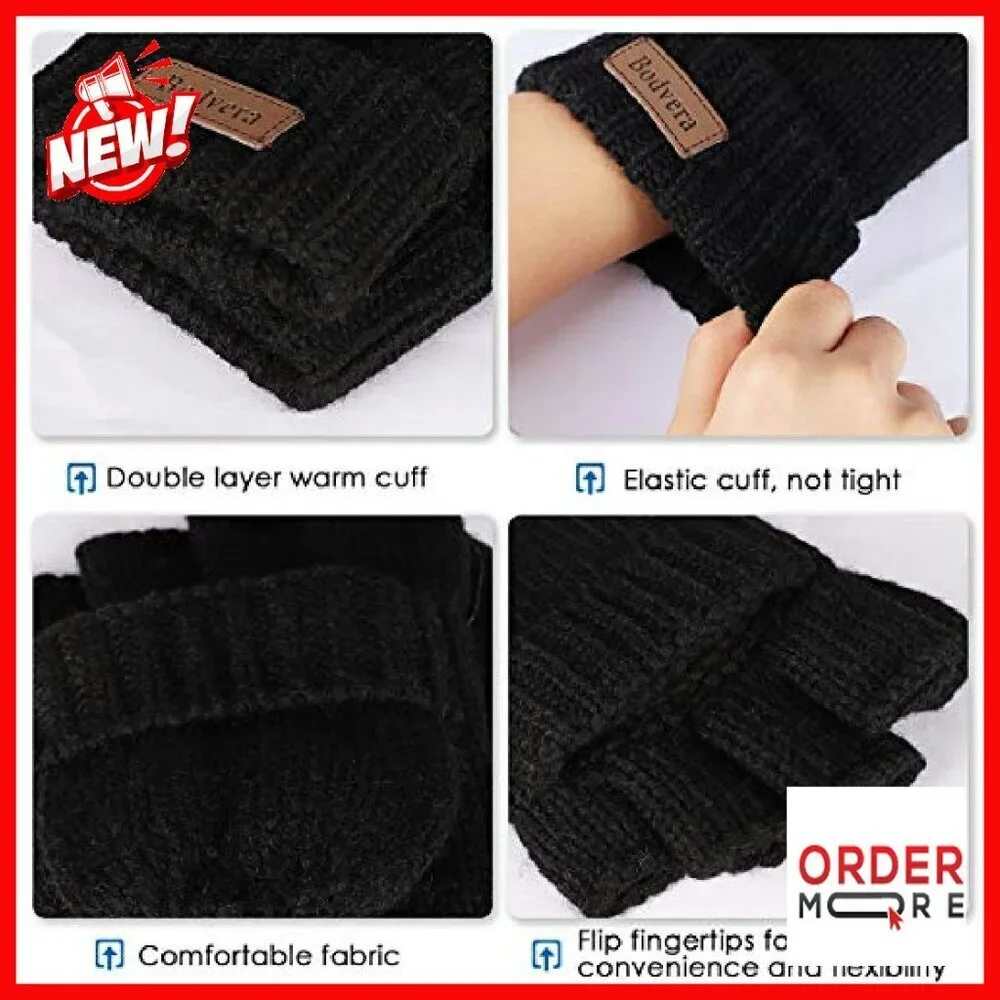 Fingerless Wool Convertible Mittens Thermal Insulation Texting Gloves Unisex